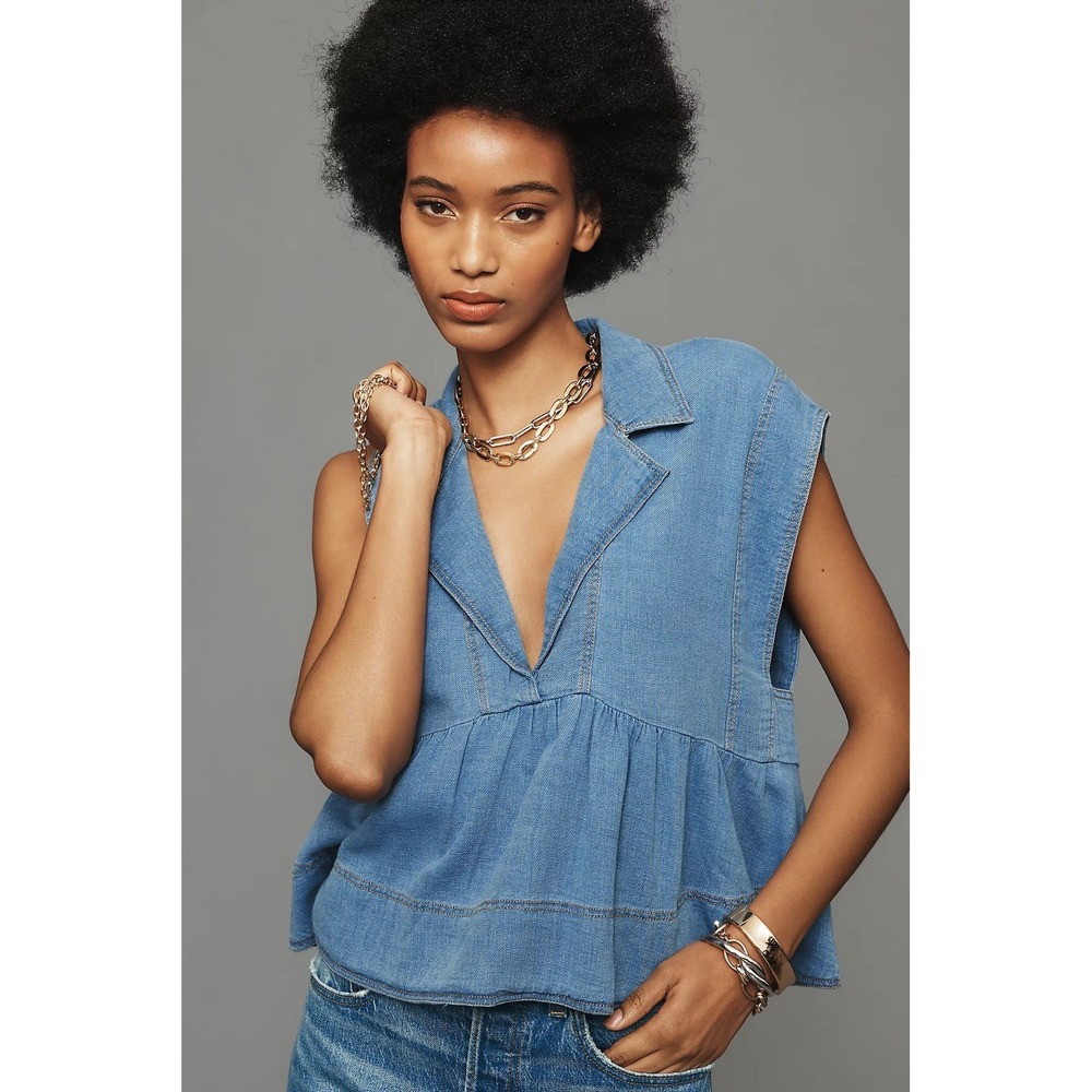 PILCRO Sailor Denim Babydoll Collared Blouse Light Wash Western M